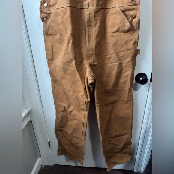 Vintage 90s Carhartt Tan Worker Cargo Double Knee Overalls 42 X 34 - Picture 3 of 9